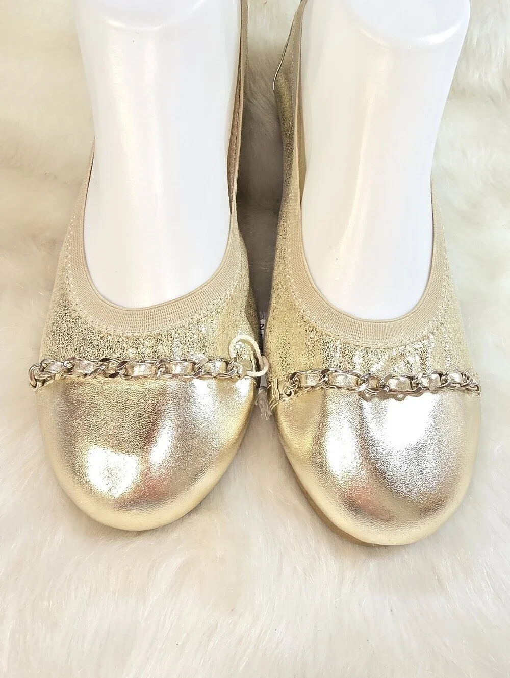 American Eagle Womens Gold Glitter Stretch Ballet Flats with Chain Trim